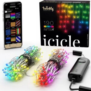 Twinkly Icicle App-Controlled LED Christmas Lights with 190 RGB (16 Million Colors) LEDs. Clear Wire. Indoor and Outdoor Smart Lighting Decoration