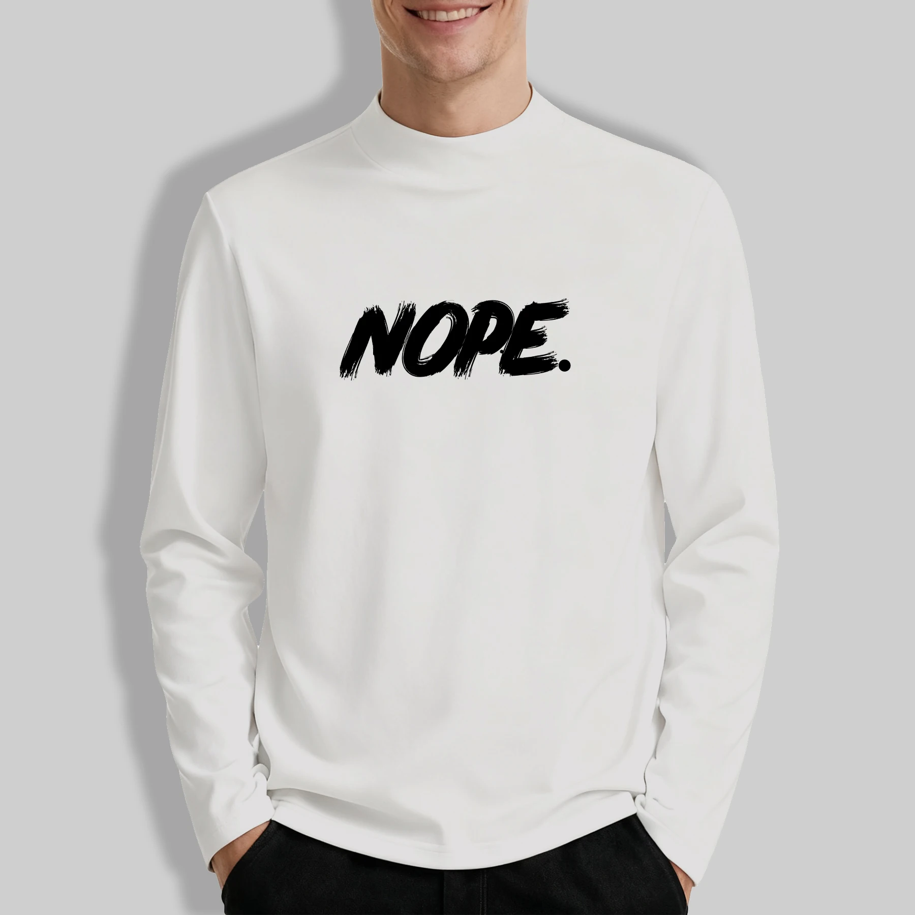 Artistic Letter Nope Print Mock Neck Top For Men Autumn All-Match Outdoor Tee Simple Fashion Clothing Unisex Vintage Long Sleeve