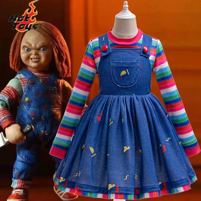 Chucky Cosplay Costume Kids Clothing Girl Set Princess Dress Fashion Long sleeved Striped T-shirt+Backband Skirt 2 Piece Set