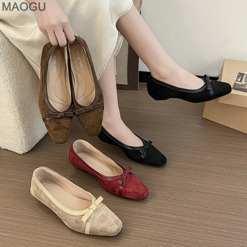 Elegant Bow Square Toe Women's Autumn New Versatile Low Heel Pumps Fashion Office Ladies Slip on Shoes Comfortable Footwear
