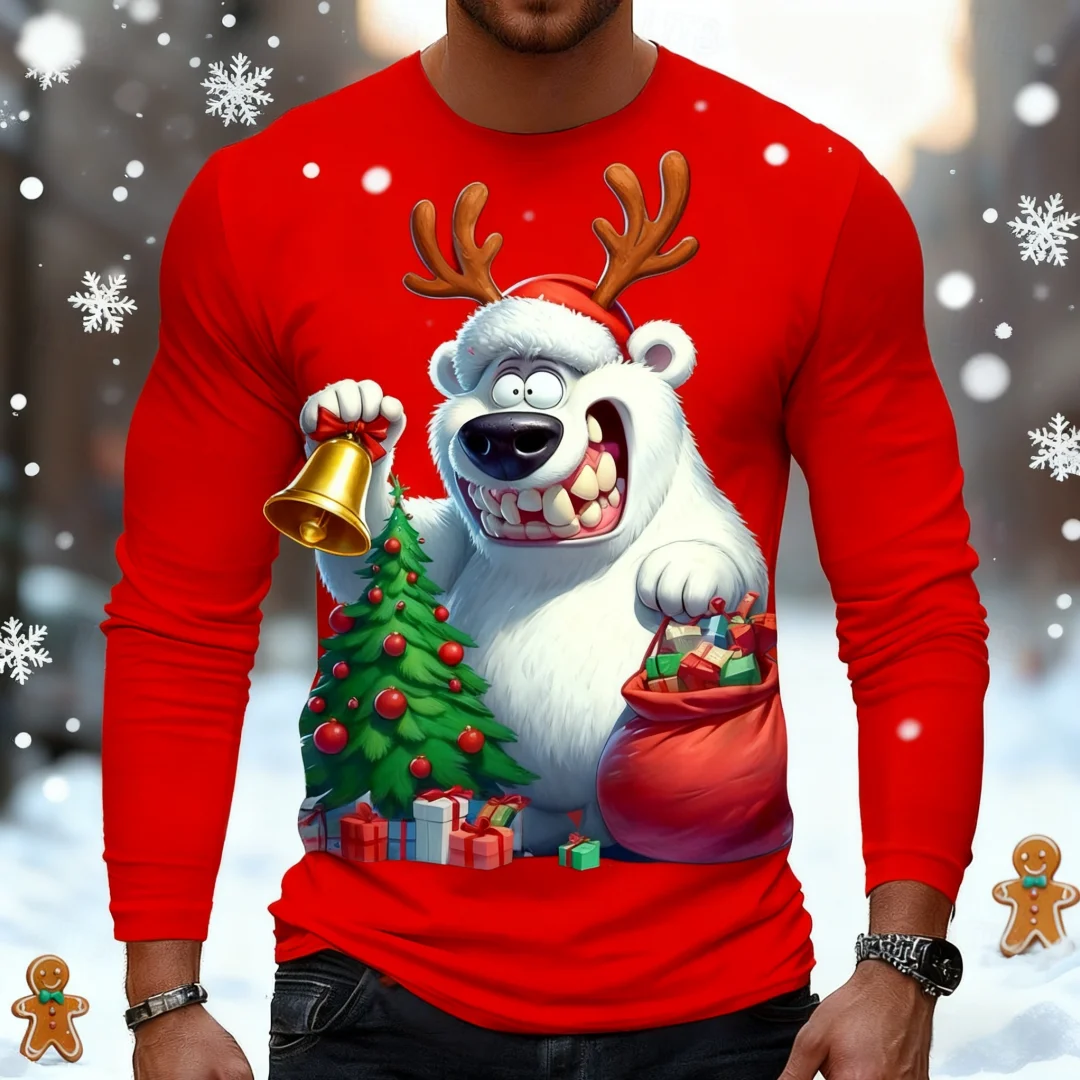 Funny White Bear Graphic T Shirt For Men Christmas Style Men's Long Sleeve Tee Spring Autumn Casual T-shirt Trend Men's Clothing