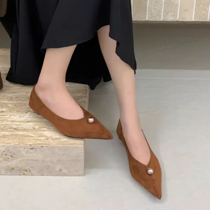 Metal Fashion Flock Women Pumps Slides Shoes Pointed Toe Female Low Heel Footwear Shallow Elegant Ladies Heeled Shoes Lady