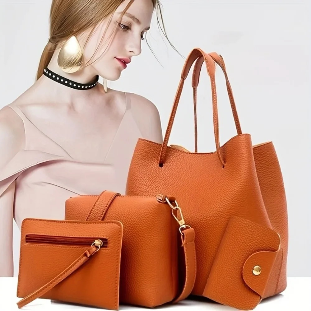 New 4pc Bag Sets Women's Shoulder Bag Large Capacity Leather Tote Handbag Solid Color Lychee Texture Bucket Bag Purse