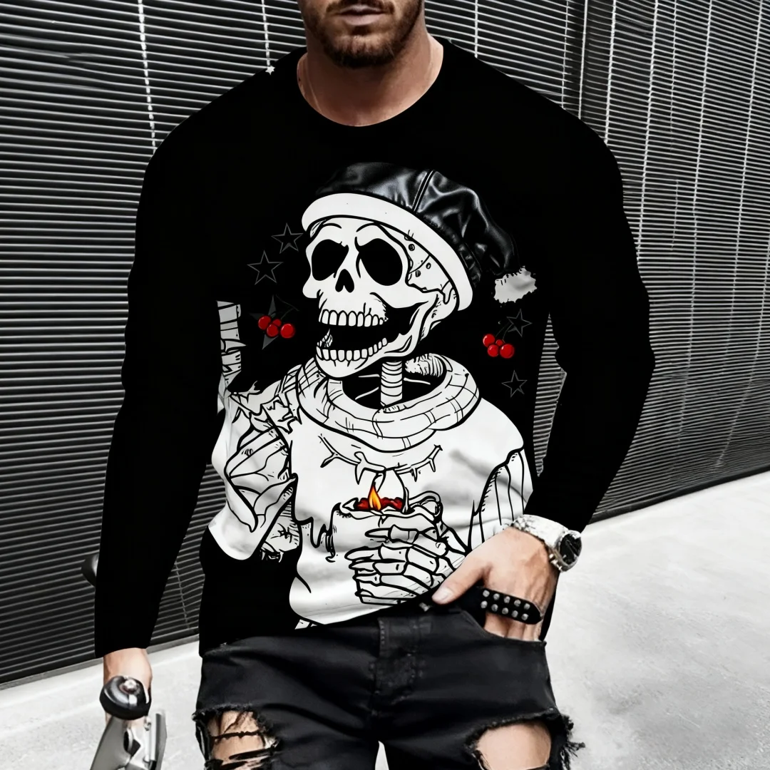 New Christmas Style Skull Graphic T Shirt For Men Funny Printed Long Sleeve Tees Trendy Men's Clothing Spring Autumn Casual Tops