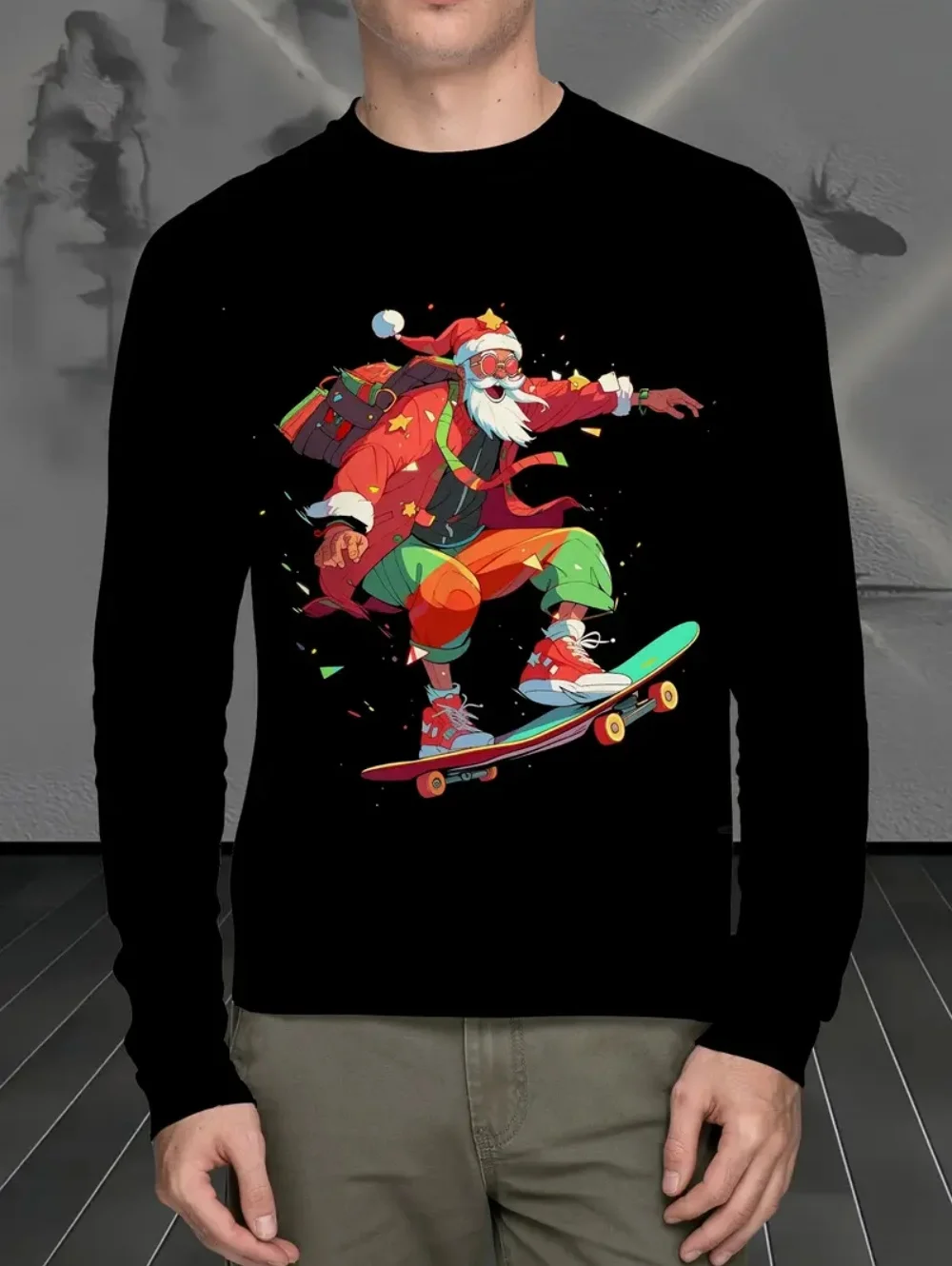 New Santa Claus Skateboarding Men's Long Sleeve T-shirt Trend Street Men's Clothing Funny Tee Spring And Autumn Casual Men's Top