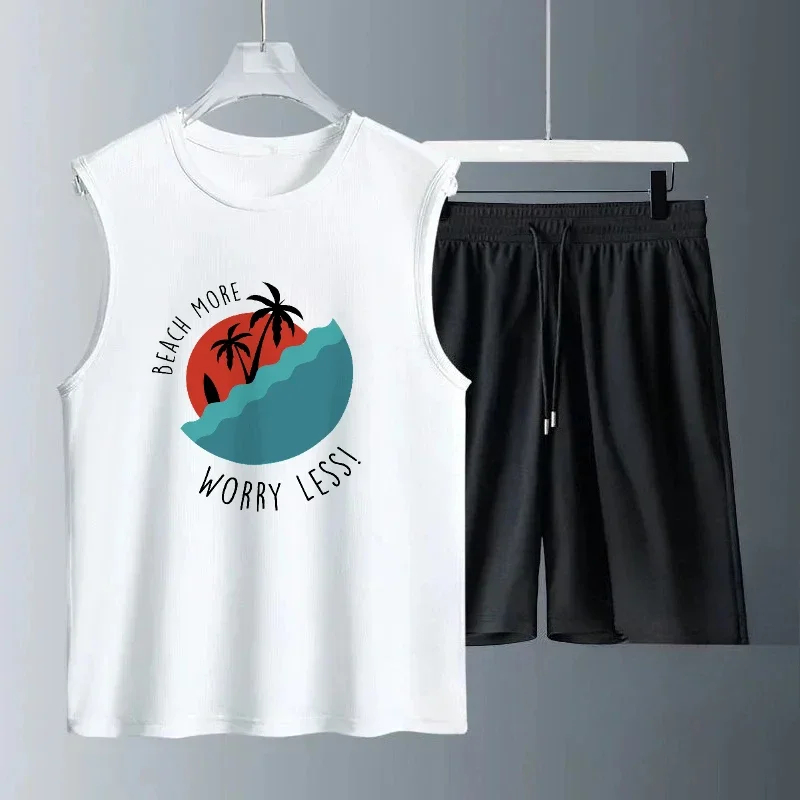 2025 Men Summer Breathable Sleeveless Half red sun print Set Trendy Casual Wear for Gym Running and Travel luxury men clothing
