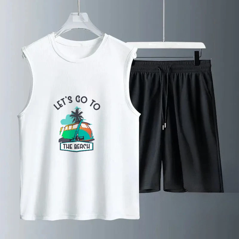2025 Summer Casual Men's Green Bus Graffiti Print Sets Sleeveless Daily Wear Comfortable Outfit for Men Luxury Men's Clothing