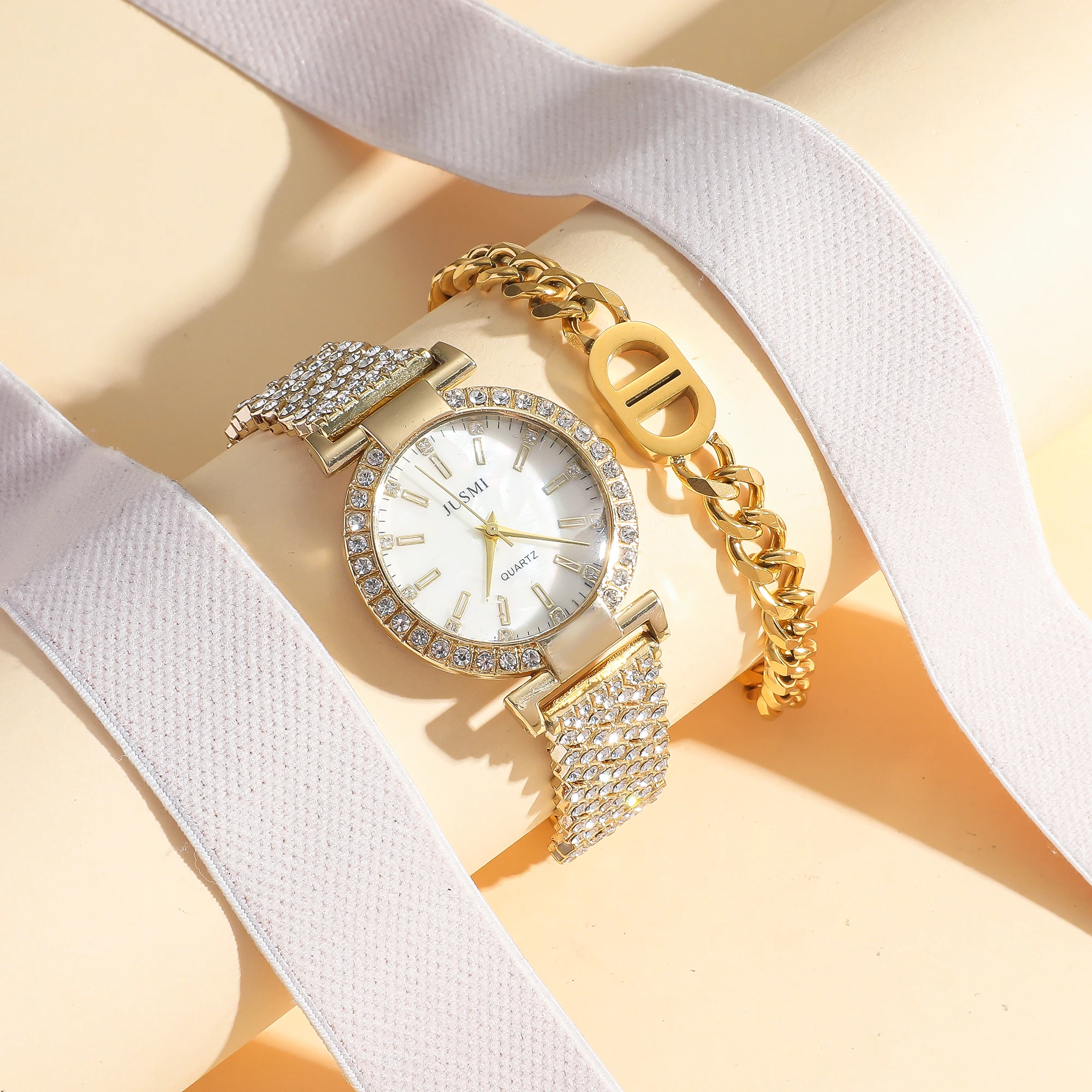 2pcs/set Simple round diamond inlaid ladies quartz watches simple bracelet jewelry sets suitable for holiday gifts