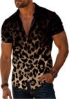Verdusa Men's Leopard Print Button Down Shirt Short Sleeve Collar V Neck Casual Shirts