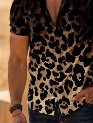 Verdusa Men’s Leopard Print Button Down Shirt Short Sleeve Collar V Neck Casual Shirts