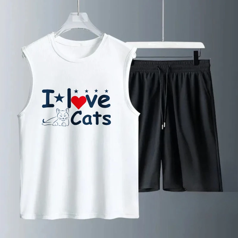 Men's vest suit Summer sleeveless printed I Love Cats tank Tops + shorts sets of men designer clothing Quick drying training