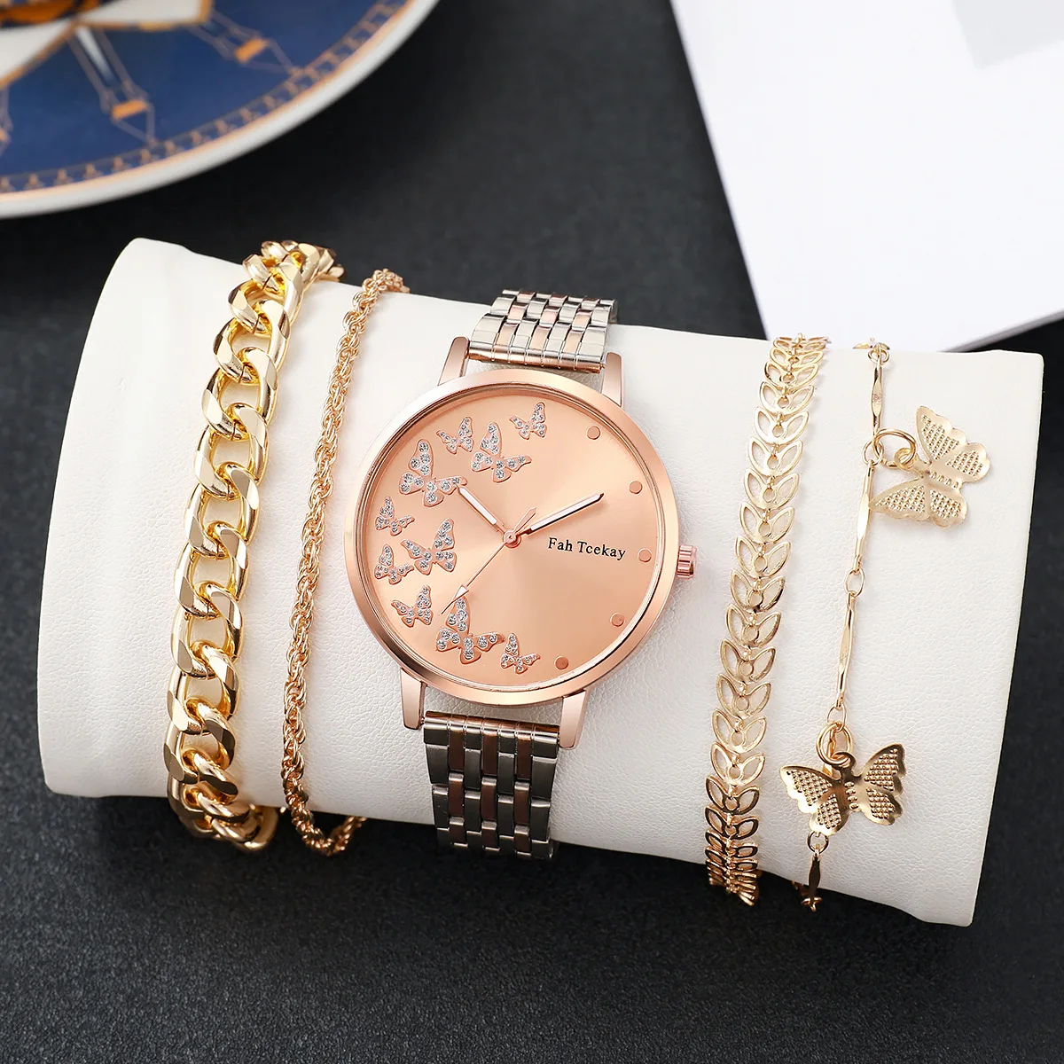 No gift box Fashion women's steel strap watch leisure butterfly diamond face quartz watch butterfly jewelry 5 piece set