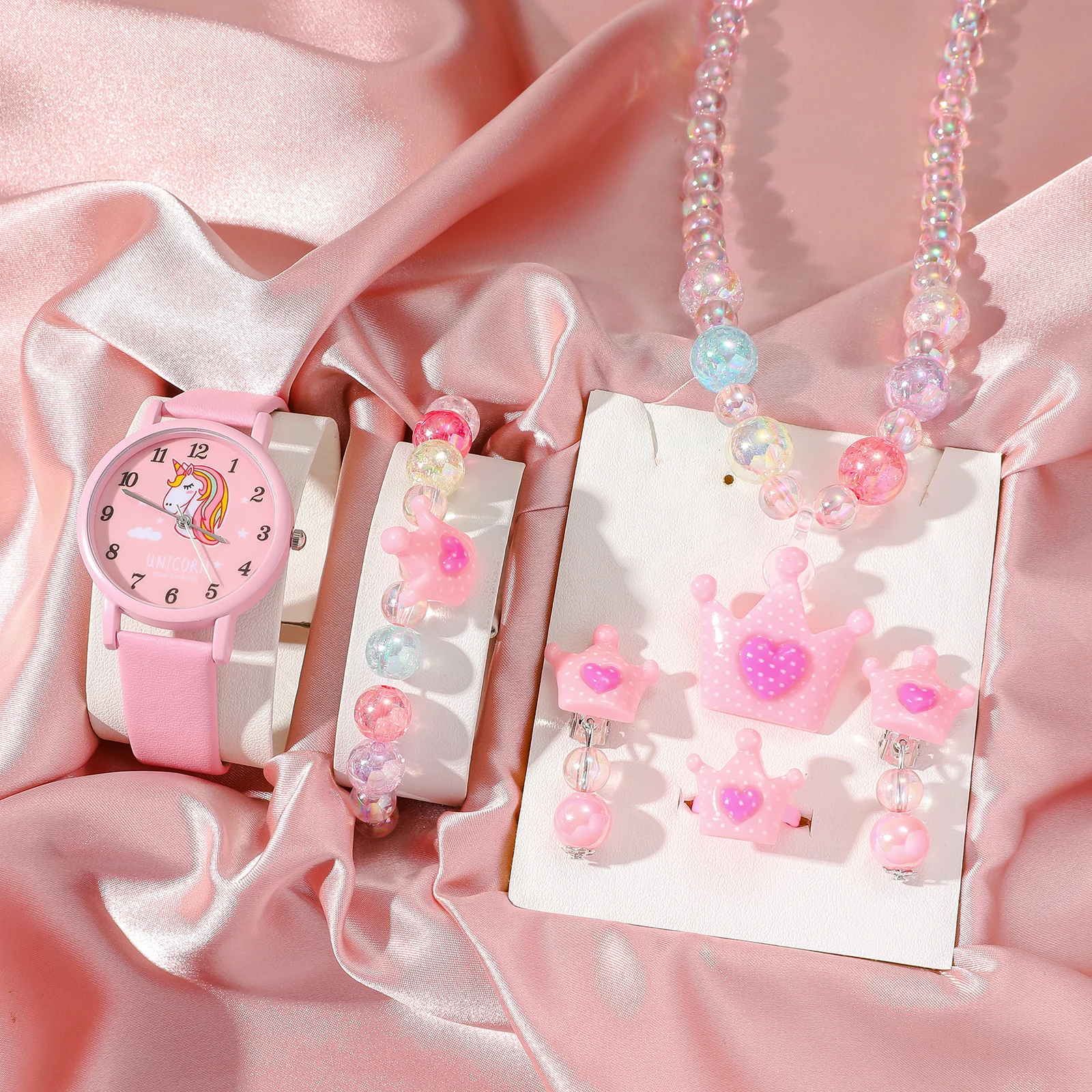 No gift box, Korean girl style personalized retro student quartz leather belt watch five-piece set of bead jewelry