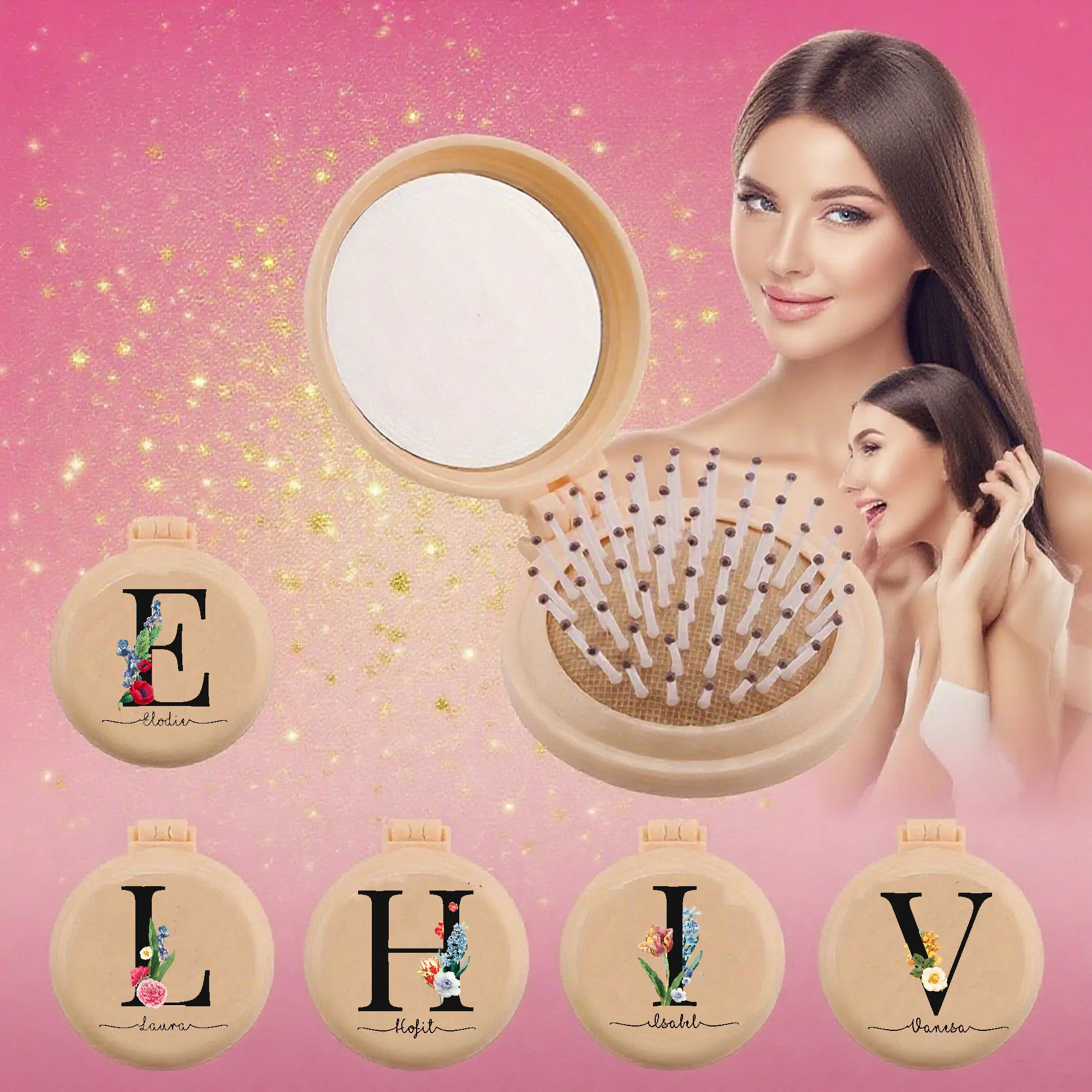 Personalize 26-Letter Wedding-Exclusive Flower Mini Comb with Mirror,Handy Mini Air Cushion Comb For Girls,Folding Air Bag Comb