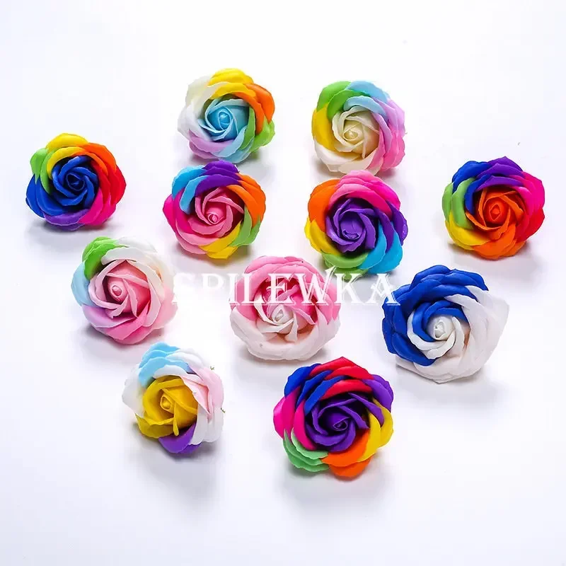 Spilewka 6X7cm Colorful Rose Artificial Flower 25pcs DIY Wedding Valentine Gift Home Decoration Rainbow Bouquet Accessories
