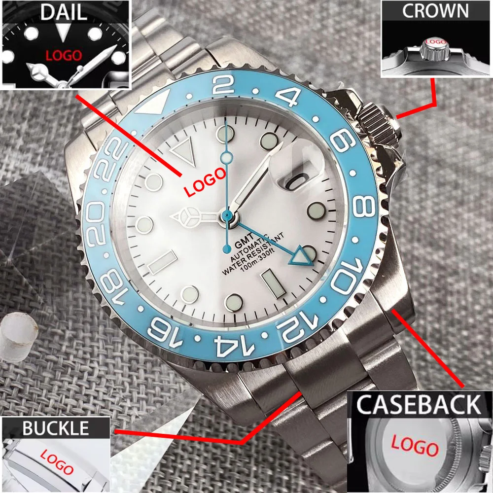 Customized 40mm Ice Blue Dial 200M Waterproof Diving Men Watch Selfwing NH34 GMT Movement 316L Steel Diver Wristwatch Jewelry