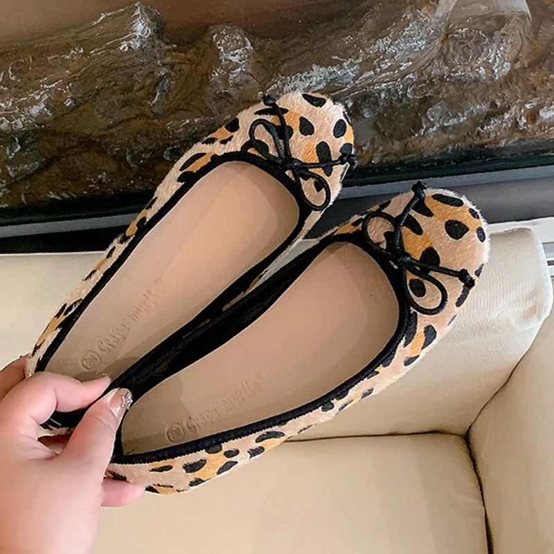 Fashion Suede Leopard Designer Flat Shoes Women Bowknot Comfort Casual Footwear Dress Shallow Round Toe Brand Ballet Flats Women