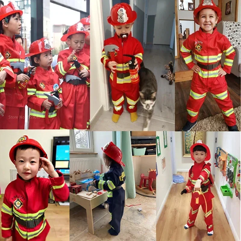 Halloween Cosplay Kids Firefighter Uniform Children Sam Fireman Role Work Clothing Suit Boy Girl Performance Party Costum Coslao