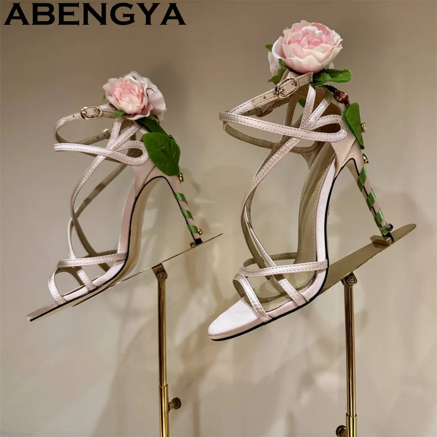 Rose Flower Fairy Wedding High Heels Sandals Narrow-band Open Toe Ankle Buckle Gladiator Sandals Summer Sexy Dress Shoes Mujer