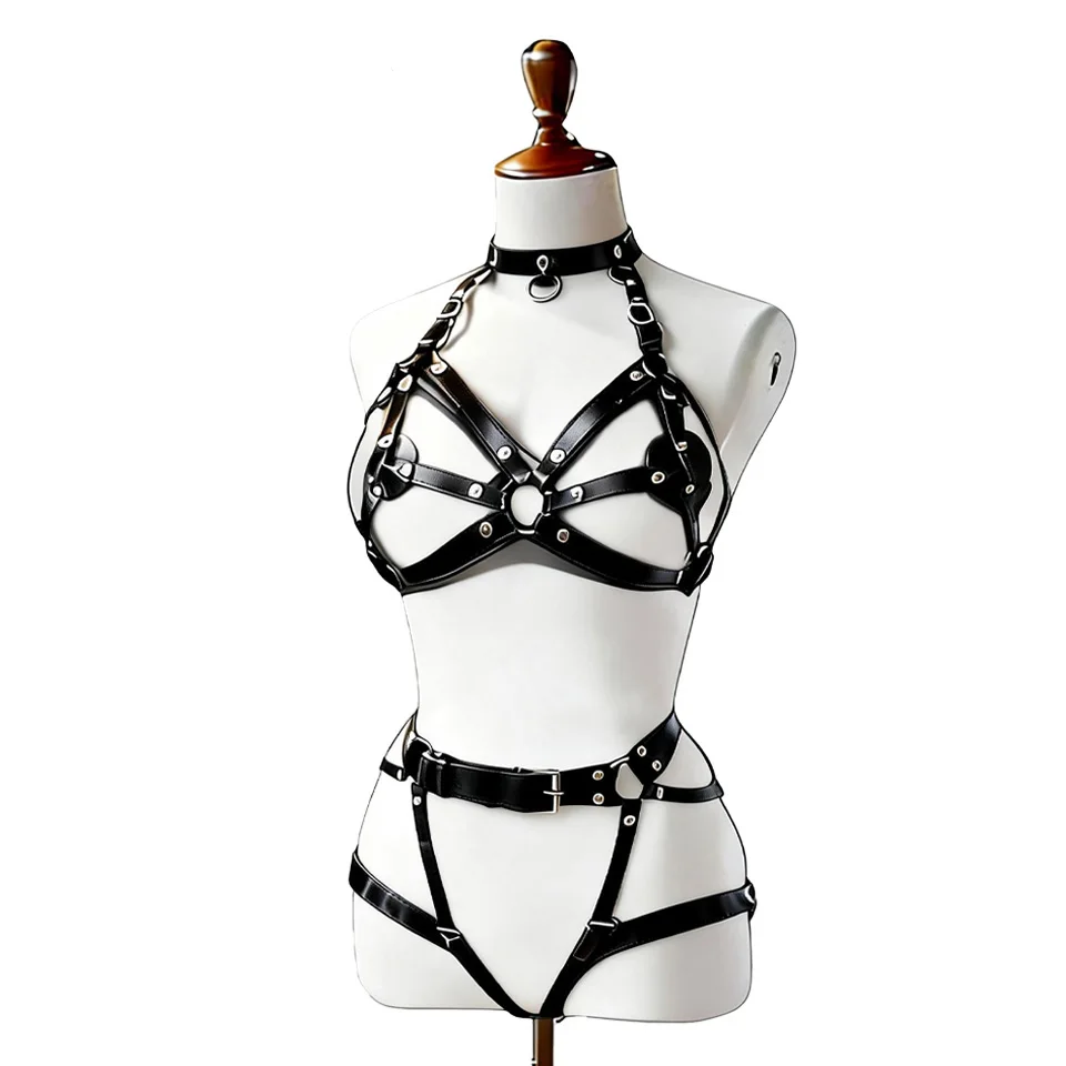 Women Sexy Leather Lingerie Body Harness Belt Suspenders BDSM Garter Belt Lingerie Bondage Leg Harness Goth Clothing Rave Outfit