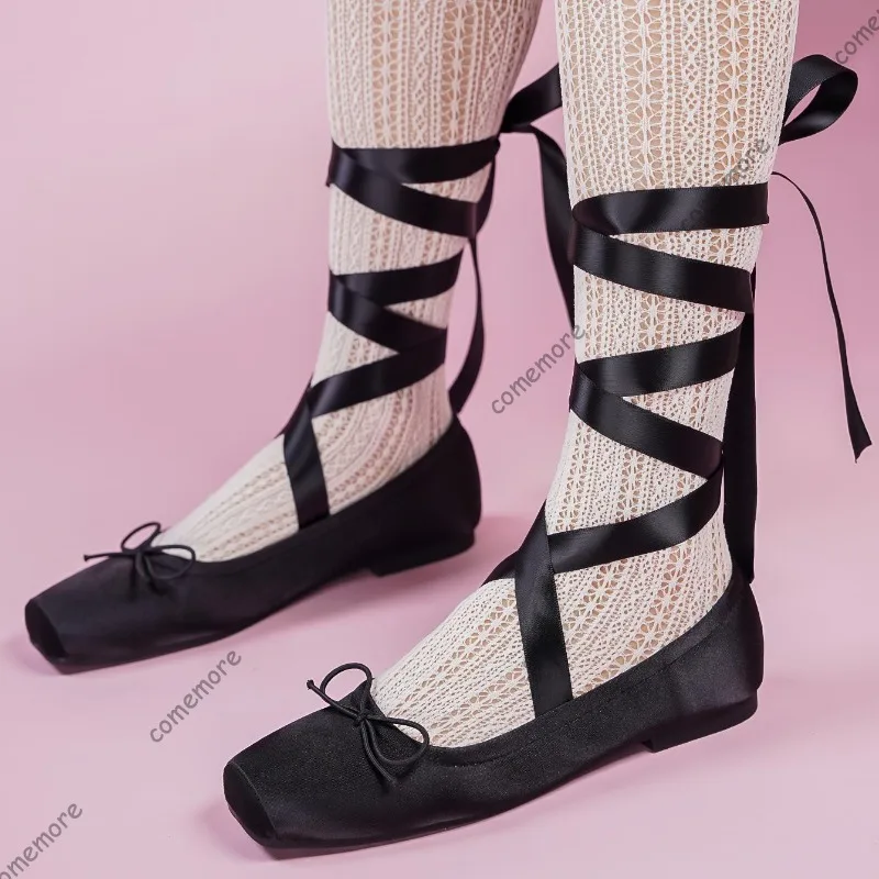 Women's Satin Ribbon Tie Ballet Flats Square Toe Ankle Wrap Lace-Up Shoes Lolita Shoes for Ladies Soft Sole Bow Fashion Footwear