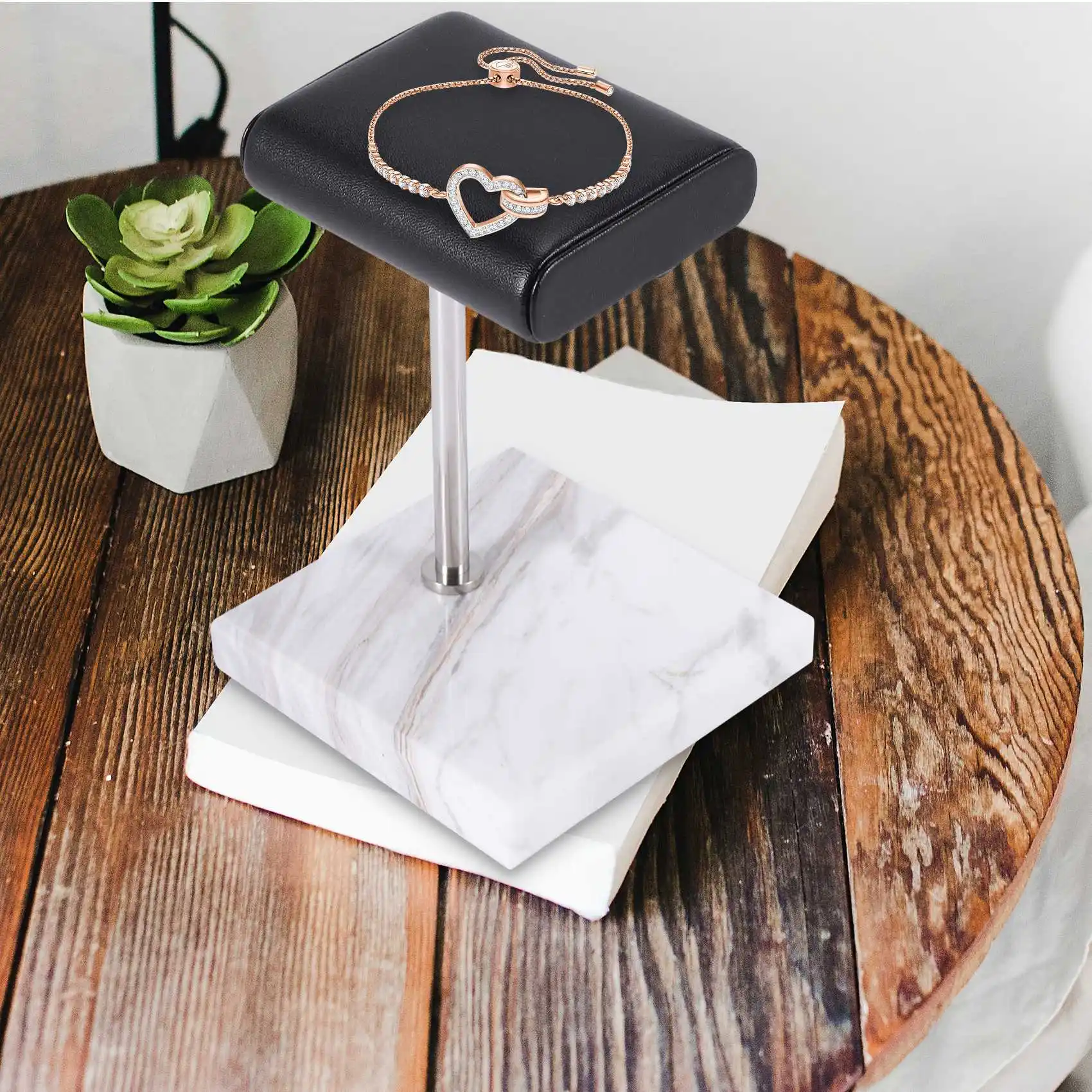 ABQR White Marble Watch Bracelet Display Stand Black PU Leather Jewelry Stand Watch Stand Silver Color Rod Placement Stand