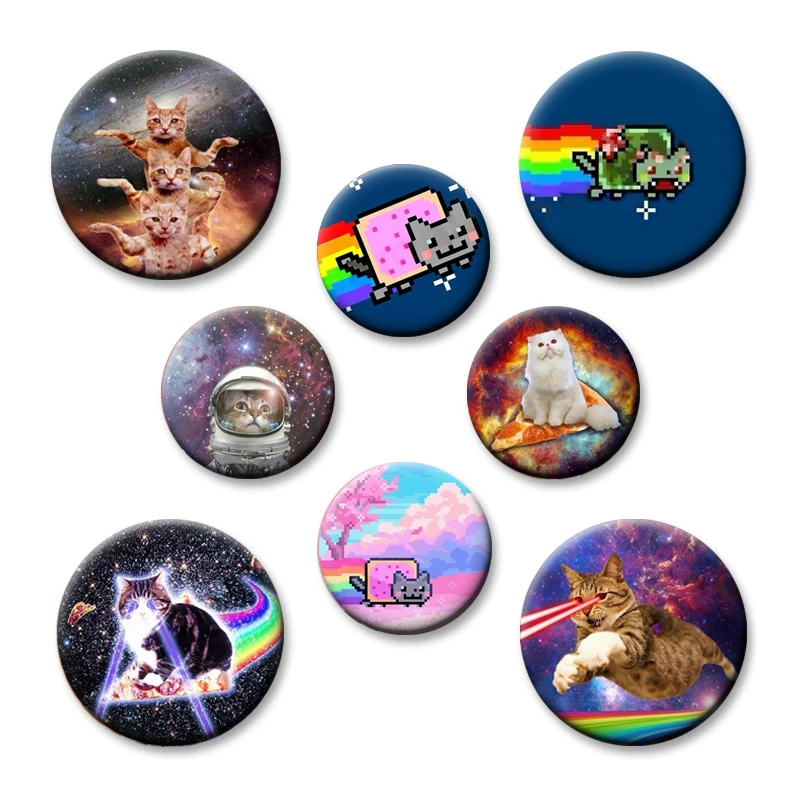 Cute Funny Rainbow Alien Cat Button Pins Backpack Clothing Decor Brooch Cartoon Science Fiction Badge Jewelry Gifts for Kids