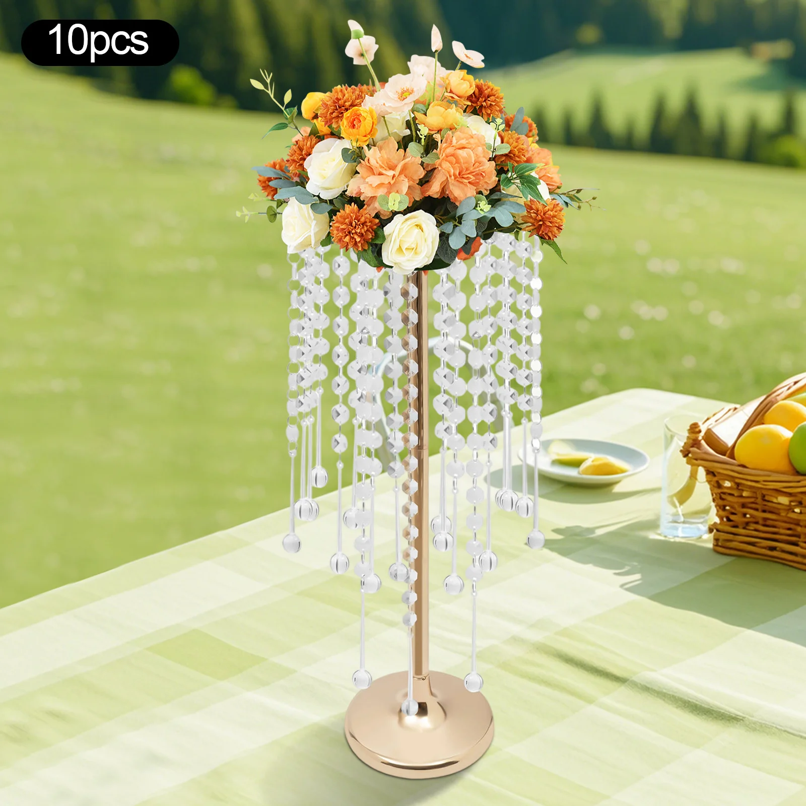 10 Pieces Crystal Acrylic Flower Stand Gold Beaded - High Hardness Corrosion Resistant - Wedding Party With Glass Beads