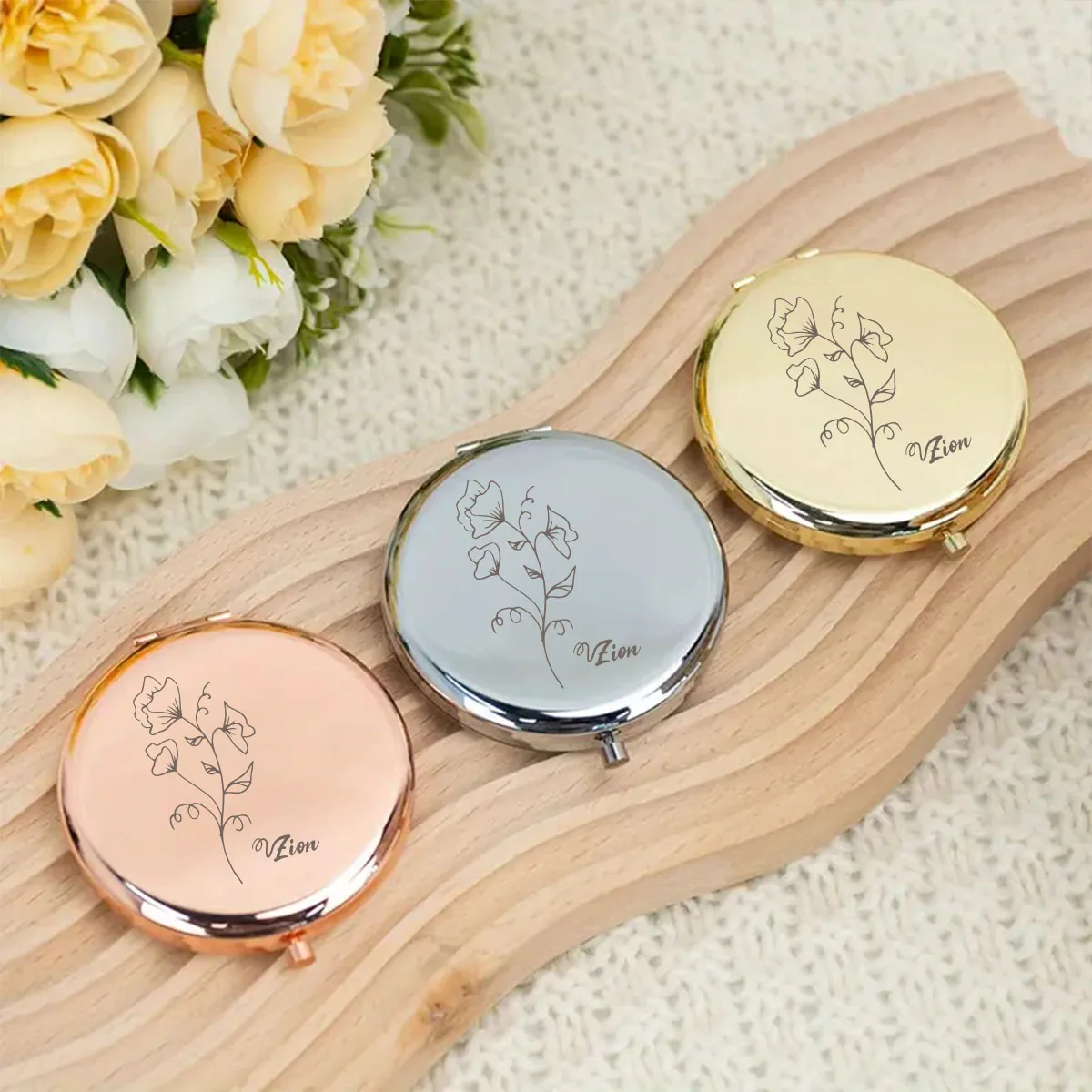 1pc Funny flower Custom Name Folding Mirror Round Circle Mirror Pocket Mirror Fold Mirror Wedding Party Gifts Party Gift
