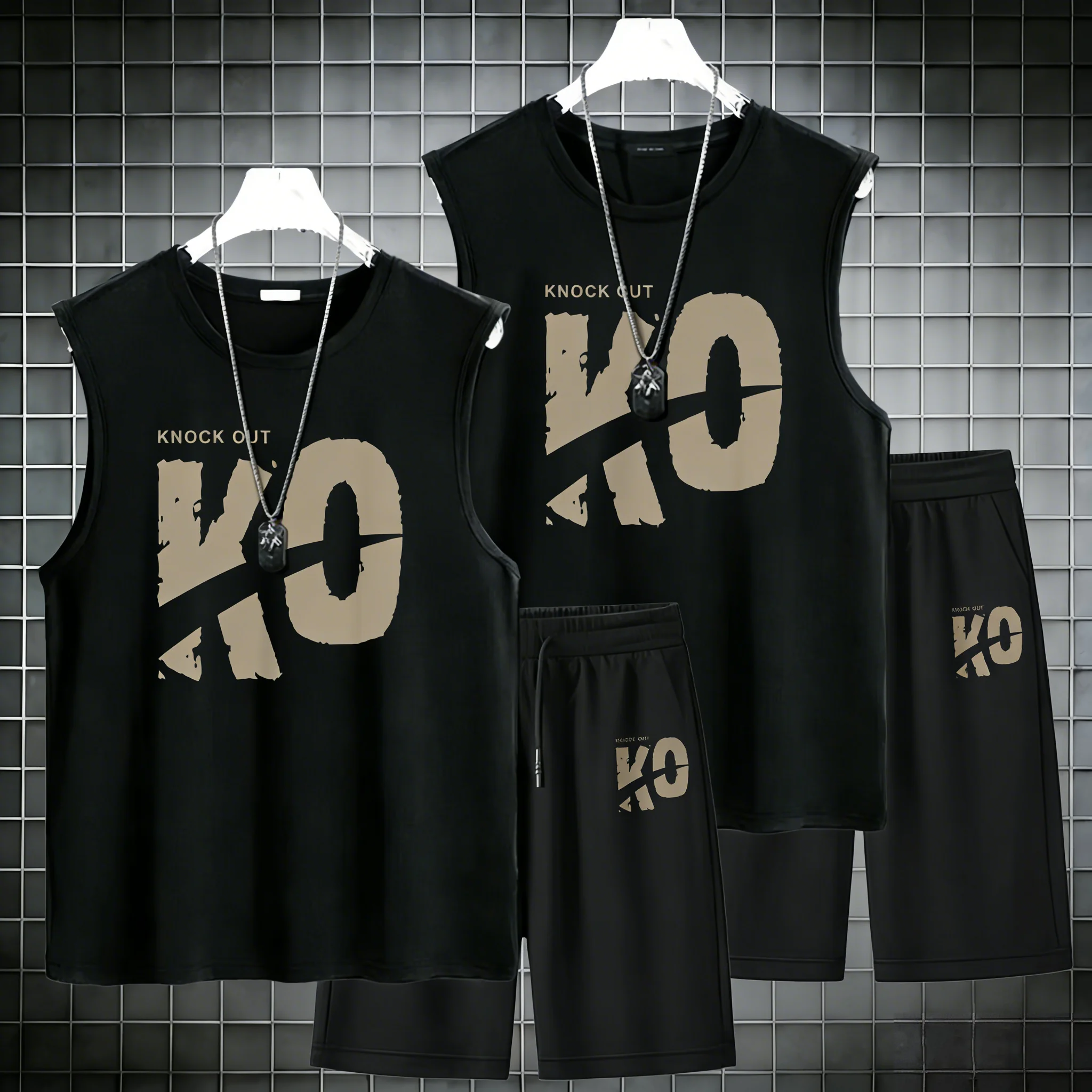 2Pcs 2026 Summer Men Clothing Harajuku Breathable fashion Sportswear Basketball suit casual short-sleeved T-shirt+shorts 2-piece