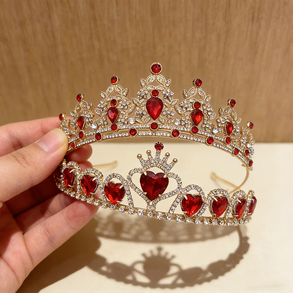 2pcs Red Heart Red Treasure Gilded Crown Water Diamond Luxury Hair Crown Sweet Cool Princess Style Banquet Ball Children Styling