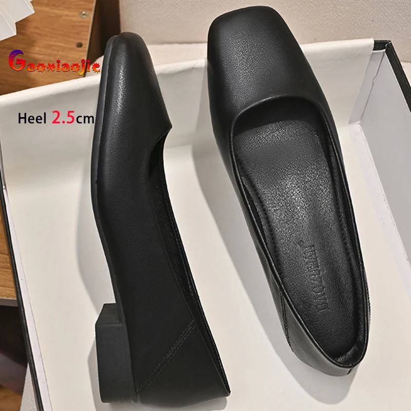 Classic Fashion Black Low Heels 2.5cm Women's Shoes Square Heel Square Head Ladies Pumps Soft Leather Footwear Casual Work Shoes
