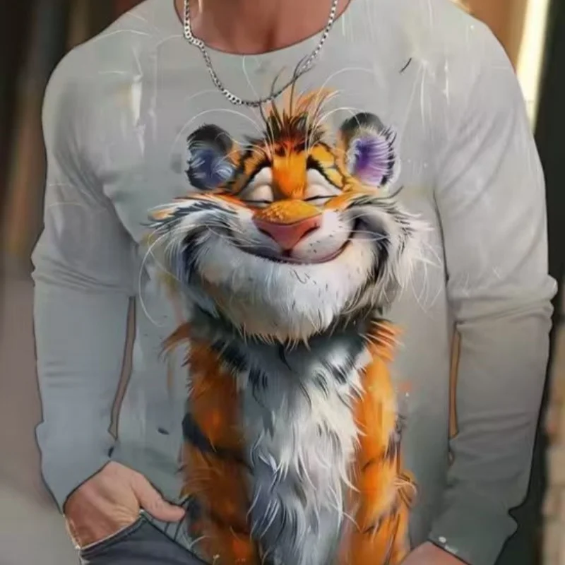 Funny animal design retro men 3D printing street casual daily gray longsleeved round neck shirt spring and autumn clothing