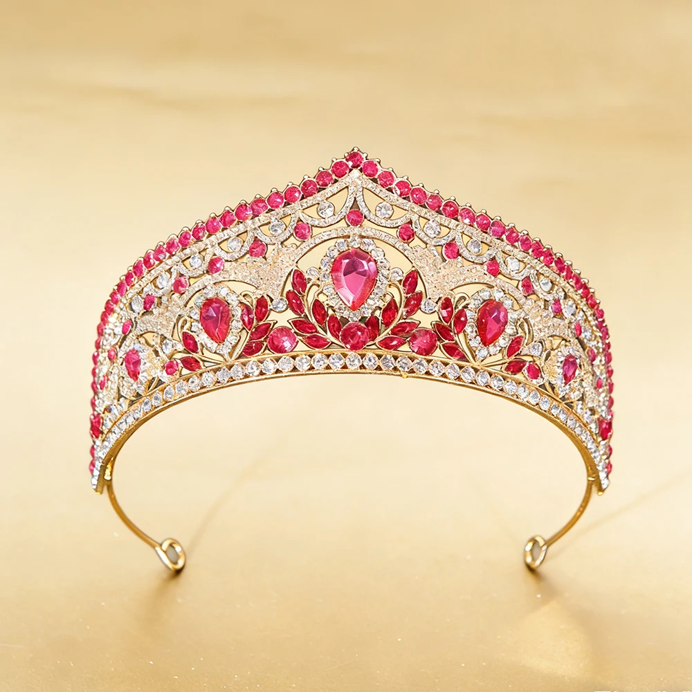 Gilded Red Blue-green Rhinestone Crown Retro Palace Style Luxurious Hair Crown Large Gemstone Inlay Banquet Bride Queen Design