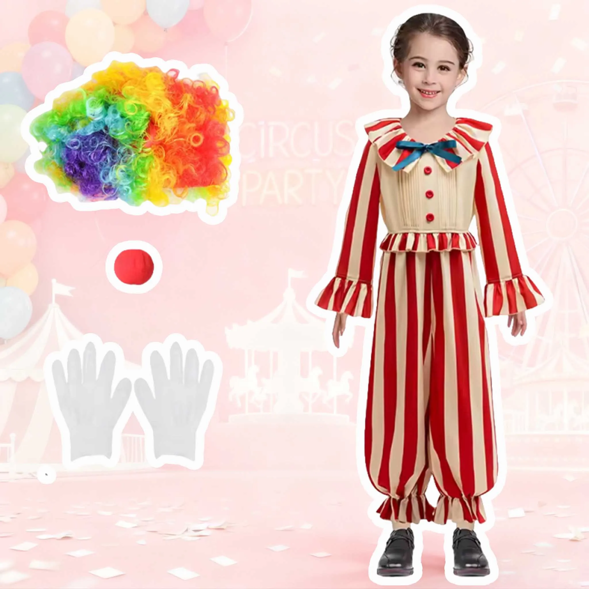 Halloween Clown Outfits Baby Girls Boys Cosplay Halloween Costume Kids Red Stripe Clown Clothing Festival party Stage Performanc