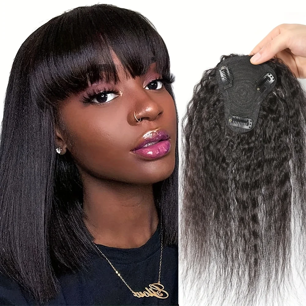 Kinky Straight Topper Hair with Bangs Hair Piece Invisible Clips In wig pieces Women Toupee Extensions,T-Shaped Intranet Design