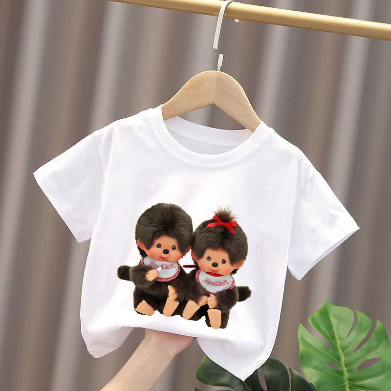 Monchhichi Kids T-shirts Anime Figures Boys Girls Tops Tee Shirt Cartoon Short Sleeves Children Tops Summer Baby Clothes Gift