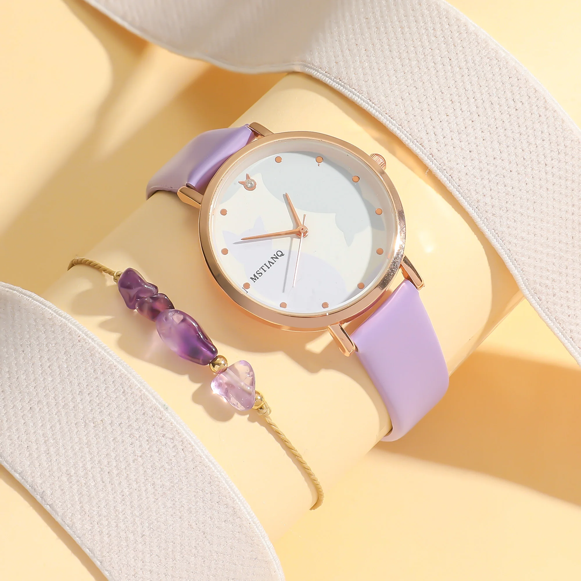 No gift box; cute cartoon cat belt quartz watch purple crystal bead bracelet 2-piece set