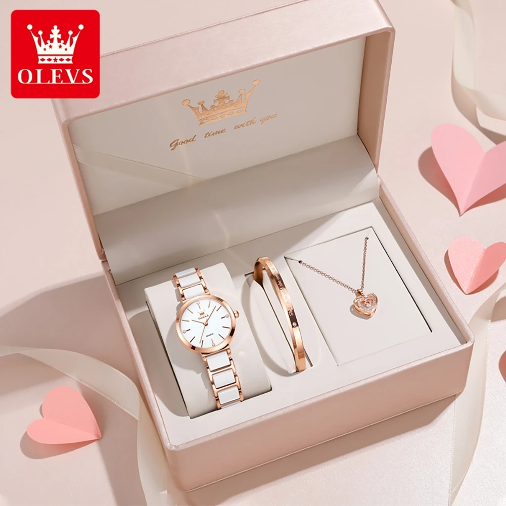 OLEVS Women Watch 5877 Luxury Elegant Quartz Watch Waterproof Luminous Ceramic Strap Ladies Watch Bracelet Set Gift Box Reloj