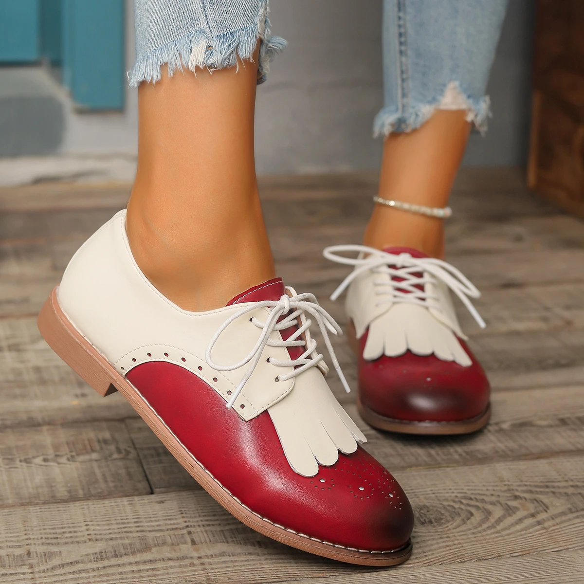 Red Green Color Mixed Brogue Shoes Women's Lace Up Oxford Dress Flat Zapatos Ladies Flower Print British Derby Footwear