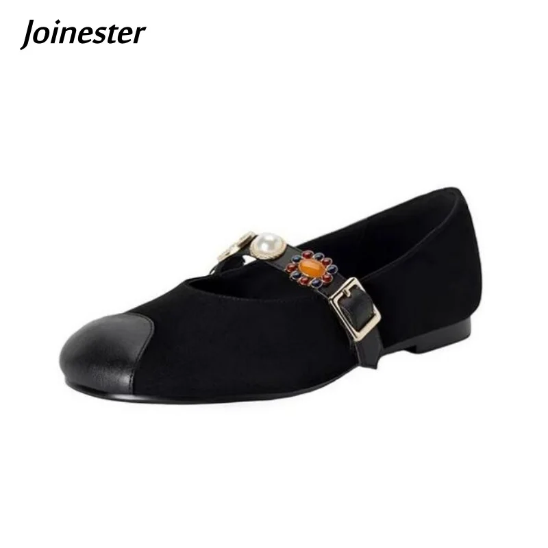 Women Round Toe Sheepskin Mary Jane Shoe Buckle Strap Low Heeled Elegant Dress Pumps Summer Autumn Genuine Leather Footwear