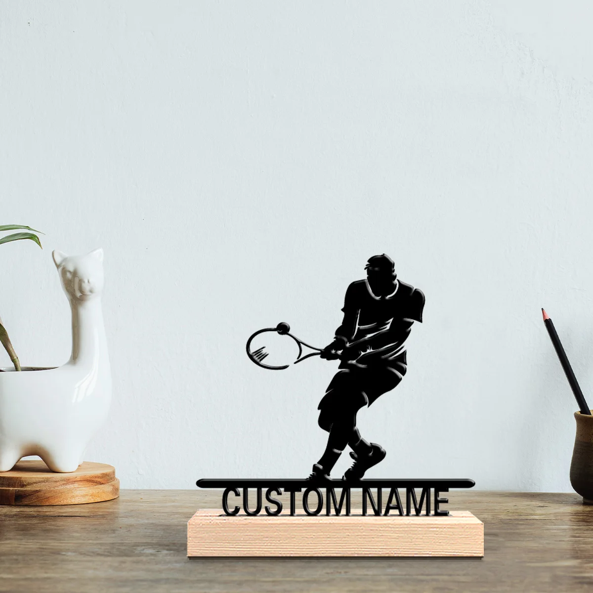 1pc Romantic Personalized Custom Tennis Metal Statues Delicate Wooden Base Decor for Bedrooms Weddings Bohemian Nature-Inspired