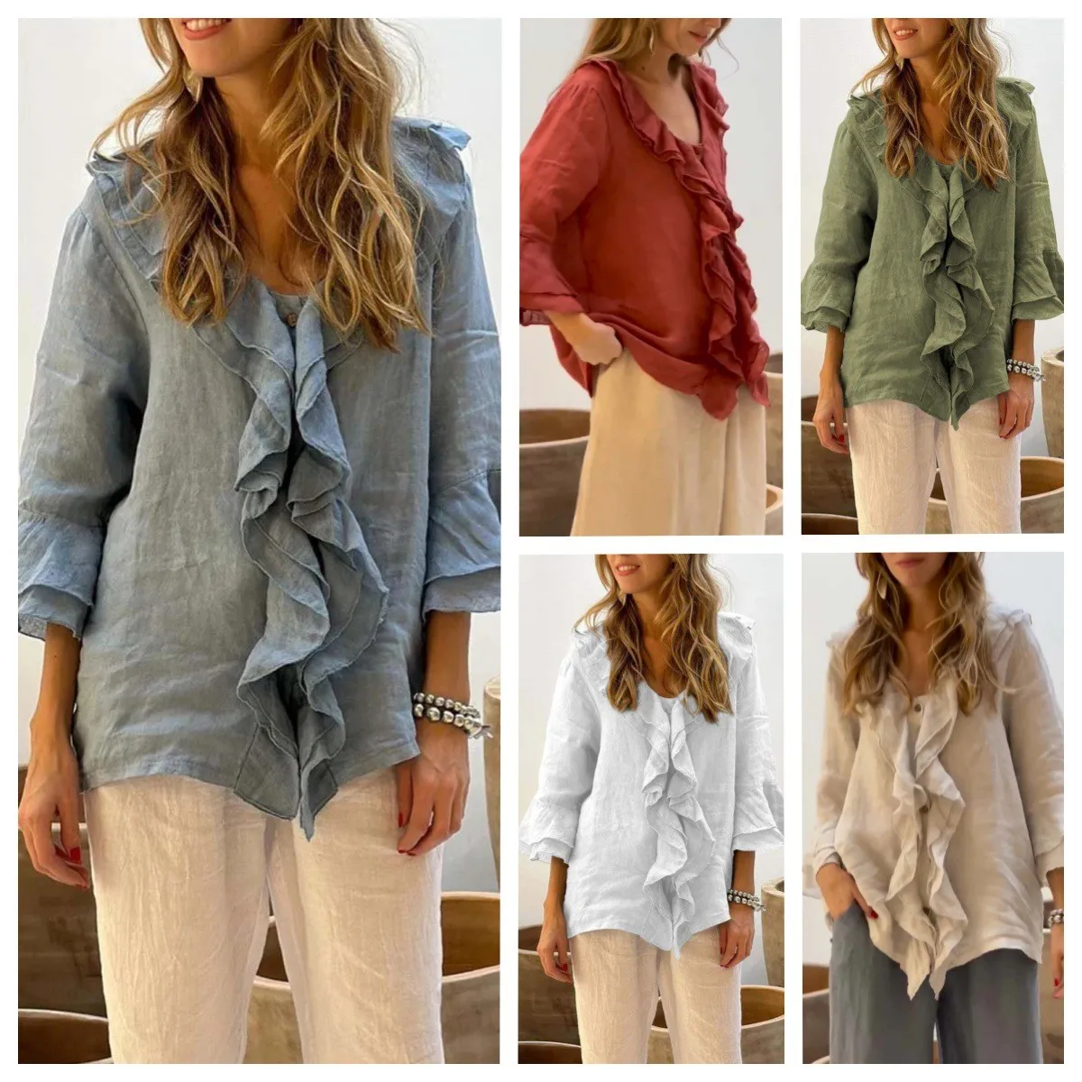 Autumn Women's Clothing Solid Color V Neck Ruffle Trim Button Front Loose Fit Long Sleeve Top For Woman Polyester Casual Blouse