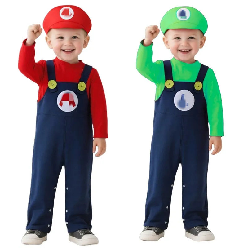 Baby Plumber Costume Red Green Anime Game Plumber Bodysuit Holiday Party Costume Button Uniform Fall/Winter Pure Cotton Bodysuit