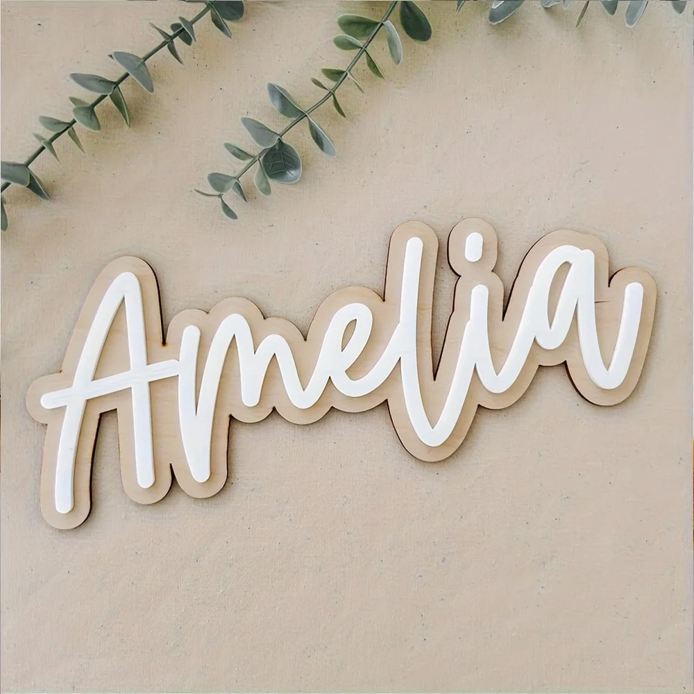 Customizable Double-Layered Wooden Name Plaque with Pink Lettering Battery-Free Wall Decor Personalized Gift for Birthday