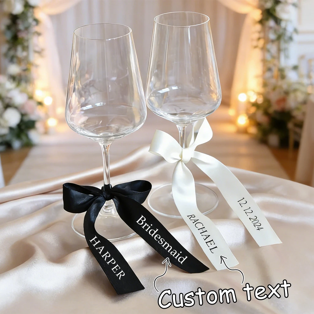 Custom Ribbon Customizable Personalized Name Date Text Wine Glass Bow Ribbon Wedding Party Decoration Customized Name Ribbon