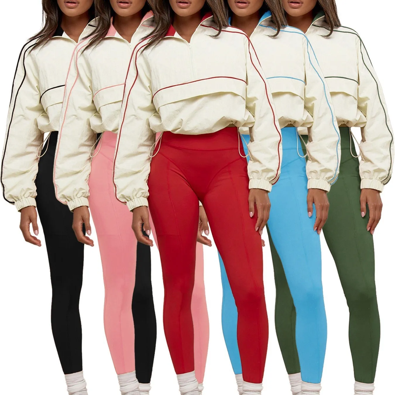 Spring Women's Clothing Two Piece Set Drawstring Waist Nylon Tracksuit Oversize Sporty Long Sleeve Top And Long Pants Set