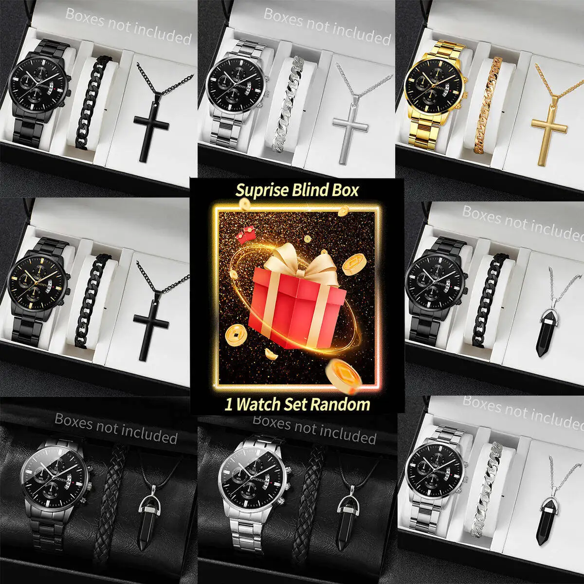 Surprise Mystery Watch Blind Box-3PCS/Set Fashion Men's Calendar Quartz Watches Jewelry Set Reloj Hombre(Without Box)