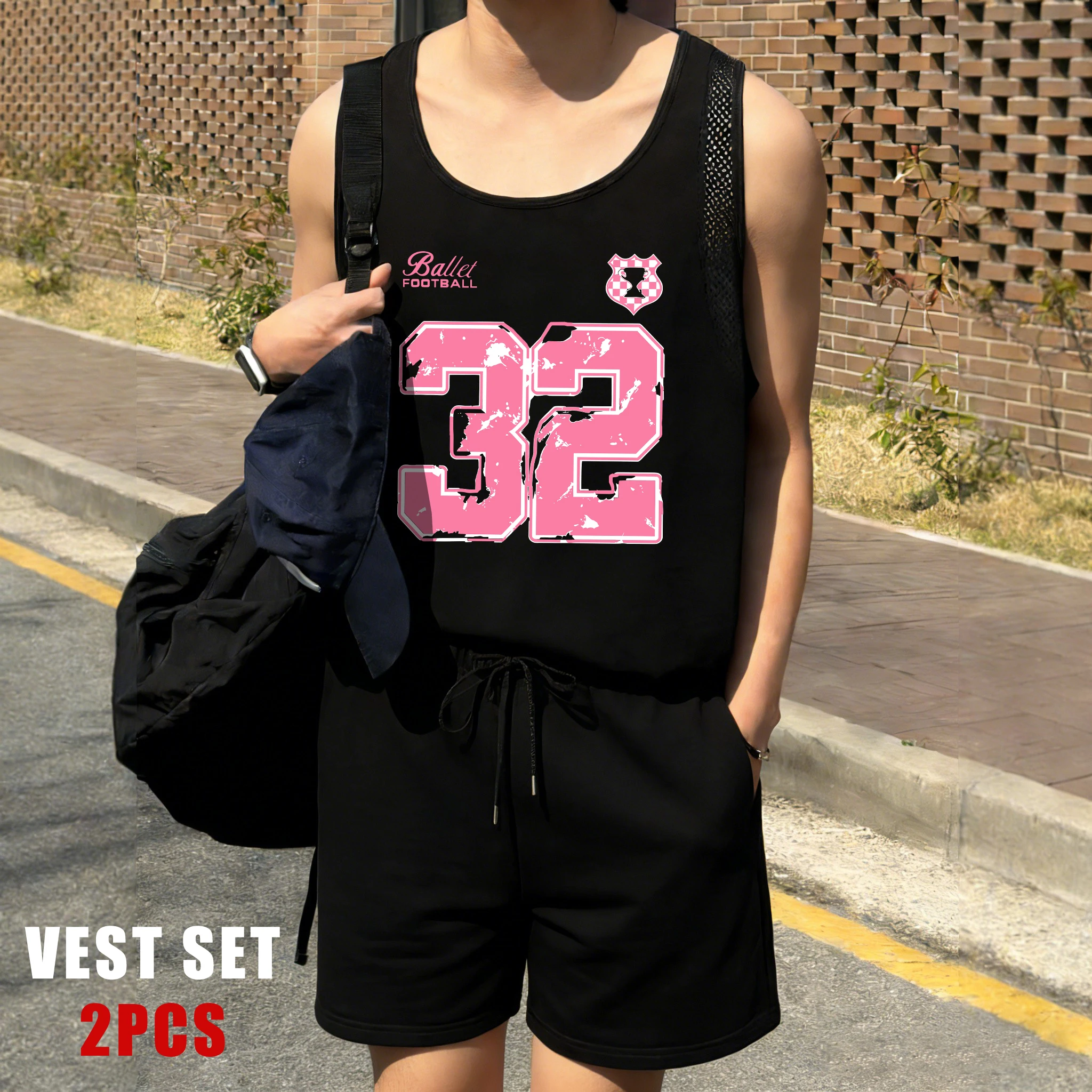 Vintage Styled Number 32 Print Mens Reticular Vest Set Retro Simple Clothing Fashion Shorts Summer Unisex Vintage Top