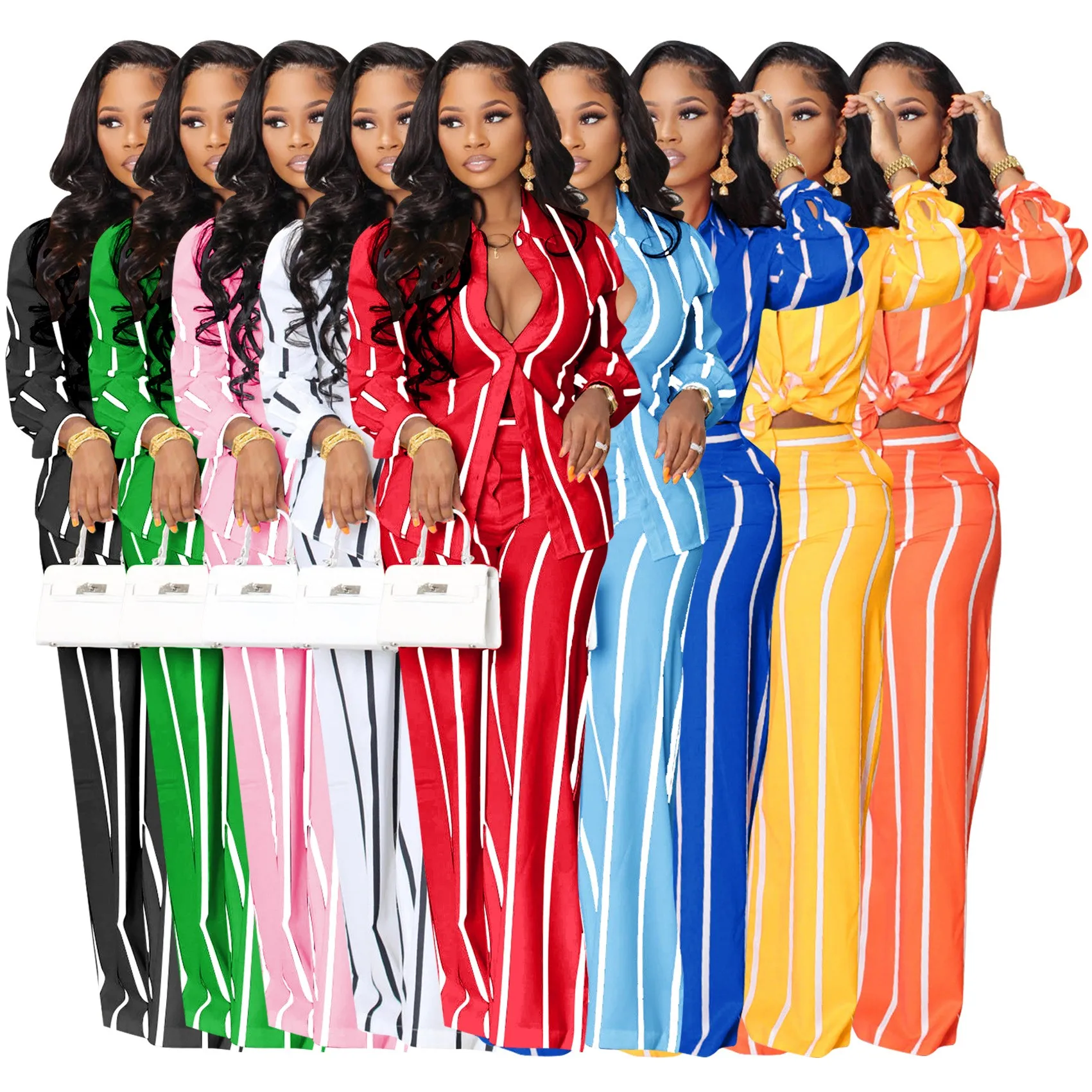 Women Outfit Two Piece Set Elegant Blouse Striped Print Long Sleeve Loose Fit Casual Summer Wear Female Clothing Sets Style